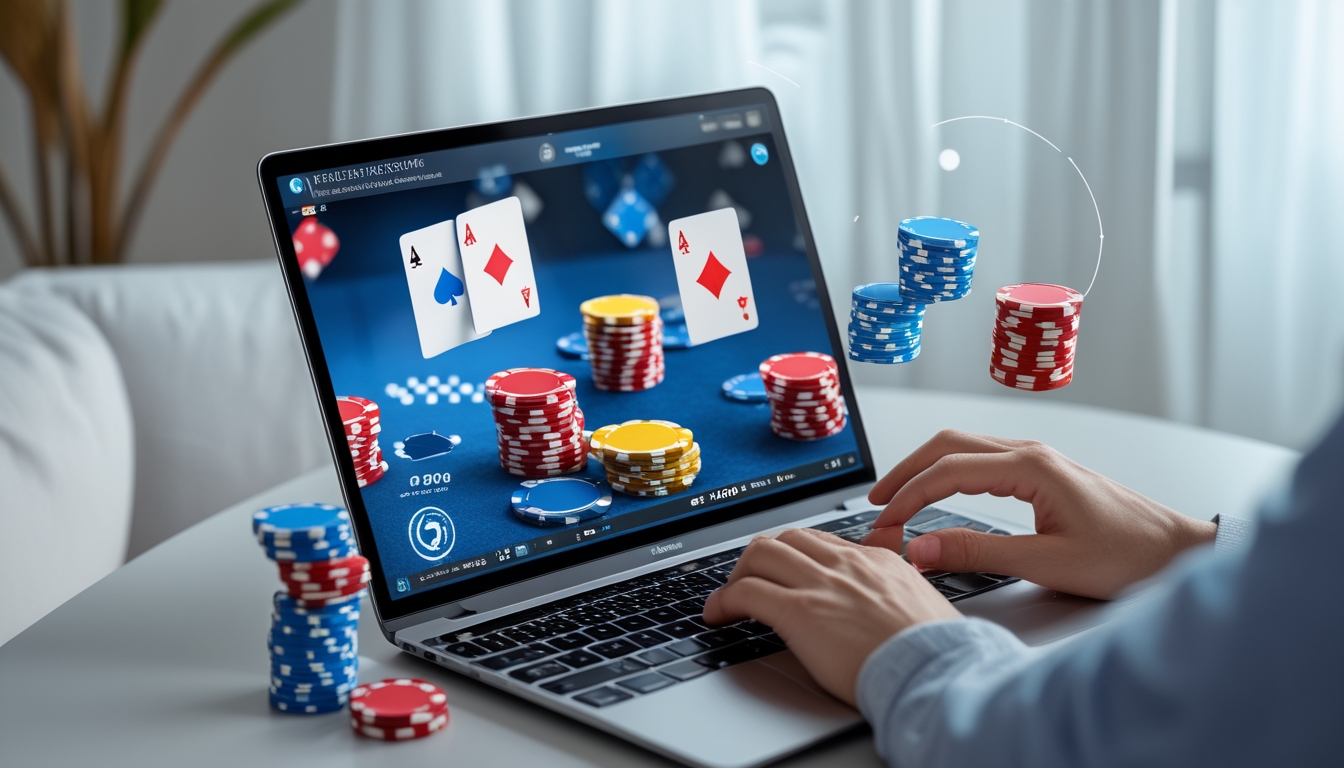 Seseorang sedang menggunakan laptop dengan tampilan permainan poker online dan chip poker di meja.