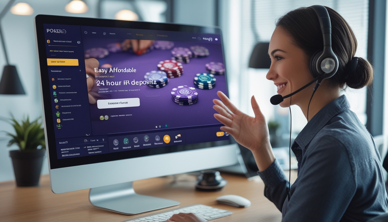 Seorang staf layanan pelanggan menggunakan headset tersenyum di depan komputer yang menampilkan permainan poker online dengan chip dan kartu, di ruang kantor yang terang.