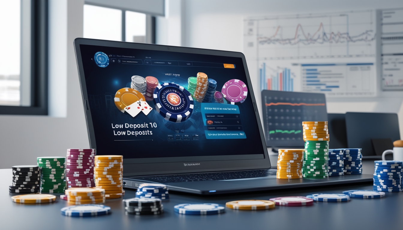 Seorang pria menggunakan laptop dengan tampilan permainan poker online dan chip poker di meja, menggambarkan perbandingan situs poker online dengan deposit rendah dan RTP tinggi.