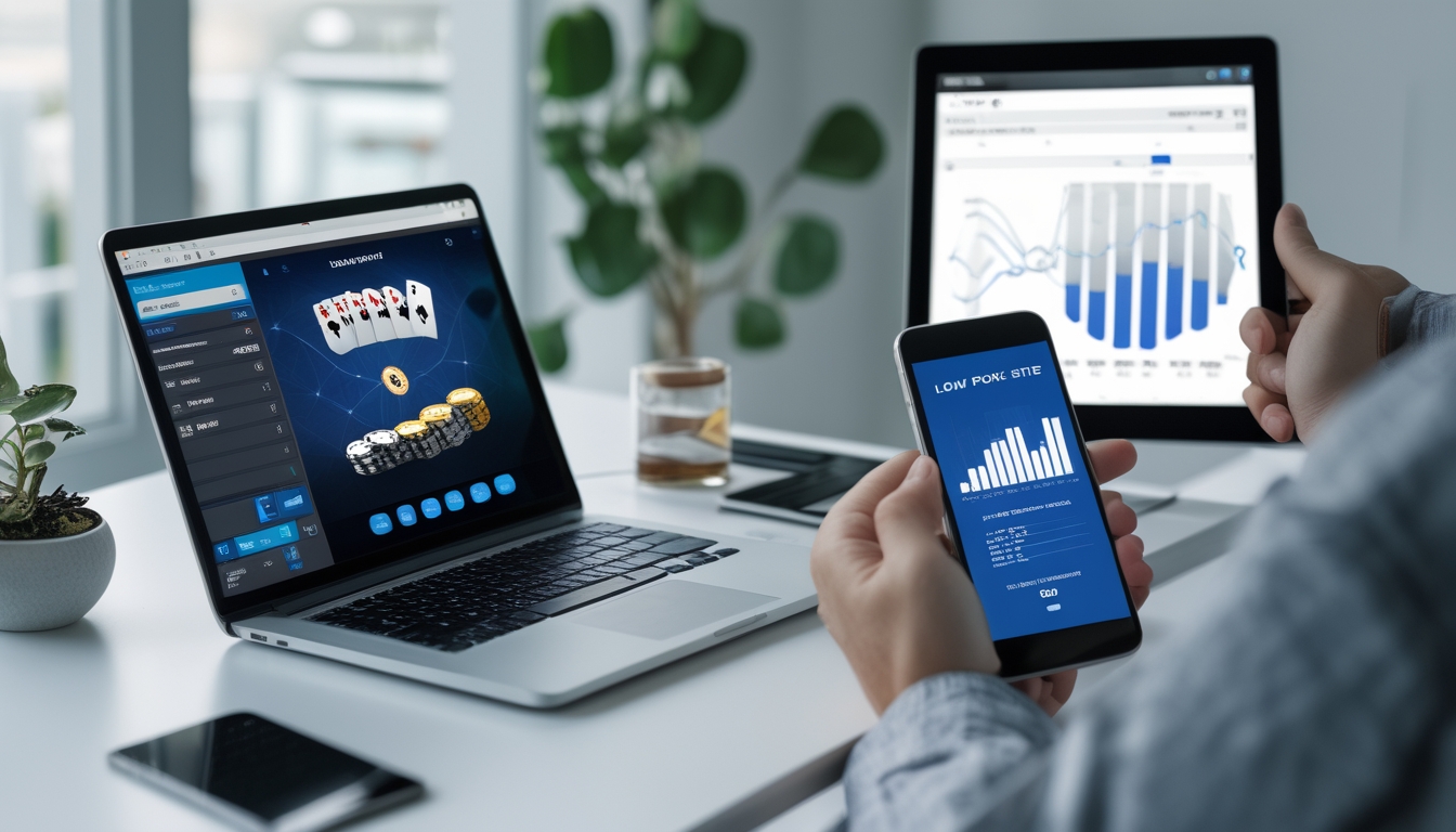 Seorang pria sedang menganalisis data poker online di laptop dan tablet di meja kerja modern.