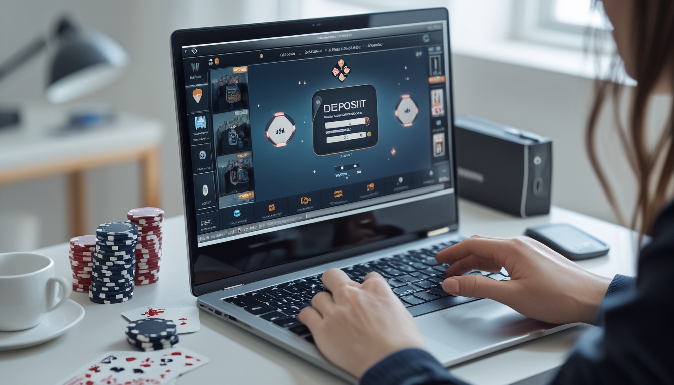 Seseorang menggunakan laptop dengan tampilan permainan poker online dan chip poker di meja kerja yang rapi.