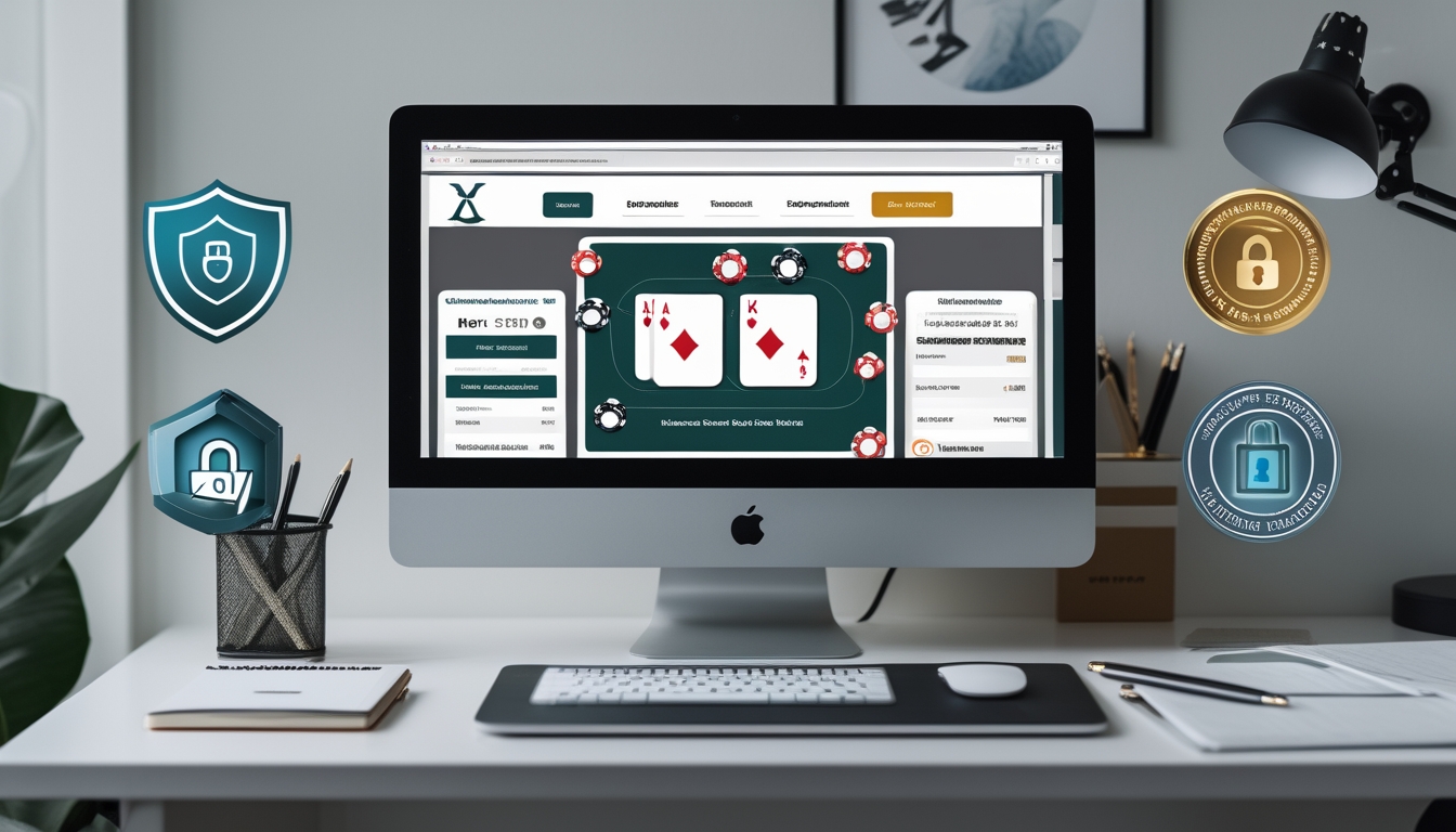 Seorang pengguna bermain poker online di komputer dengan chip dan kartu, dikelilingi simbol keamanan dan perangkat pembayaran di meja kerja.