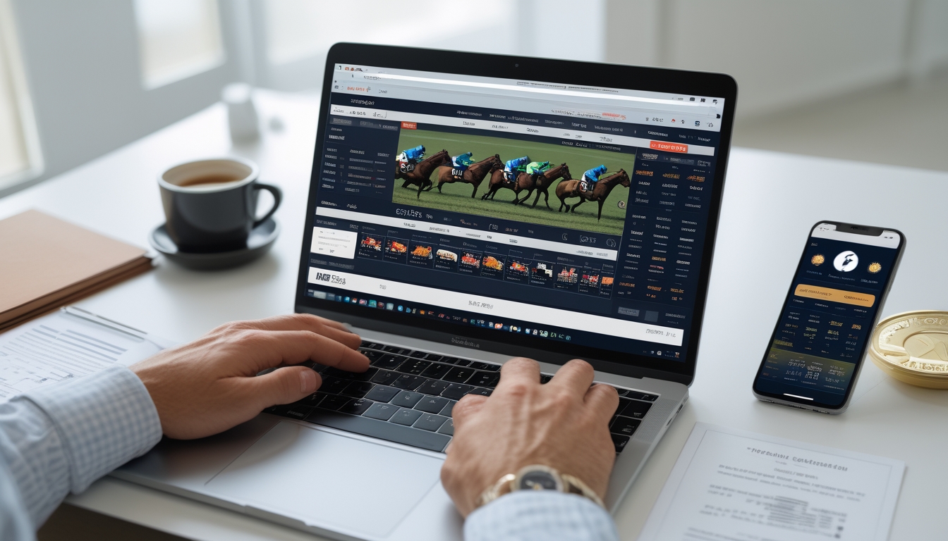 Seorang profesional menggunakan laptop di meja kerja dengan tampilan situs taruhan balap kuda online dan grafik peluang di layar.