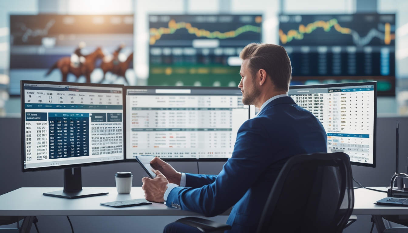 Seseorang sedang duduk di meja dengan beberapa layar komputer yang menampilkan data dan informasi tentang balap kuda online.