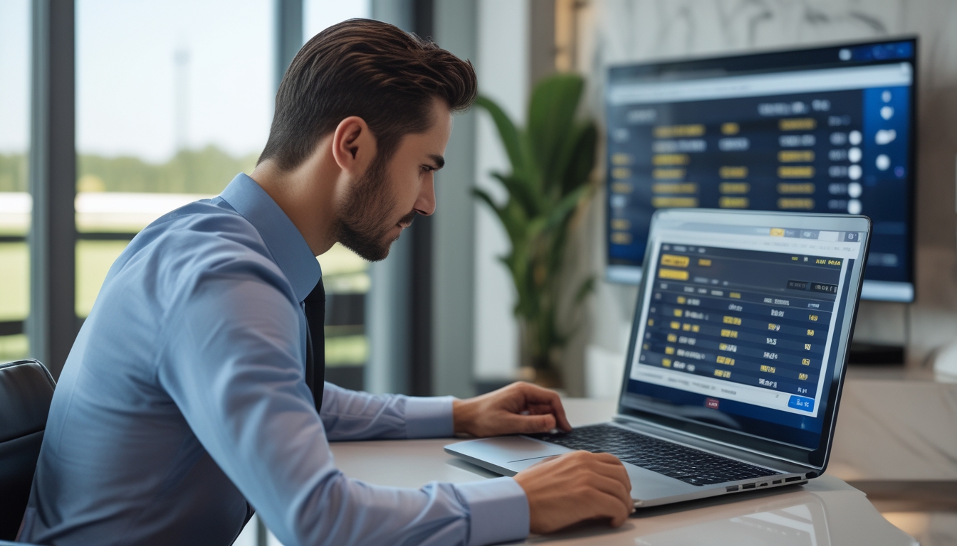 Seorang profesional menggunakan laptop dengan layar menampilkan statistik dan peluang taruhan balap kuda, di ruang kerja modern dengan latar lintasan balap kuda.