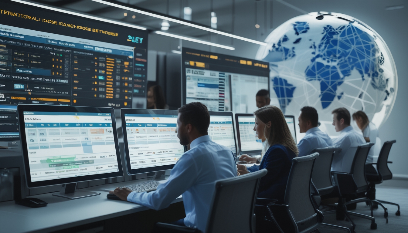 Orang-orang bekerja di kantor modern dengan layar komputer besar menampilkan data dan siaran balap kuda secara online.