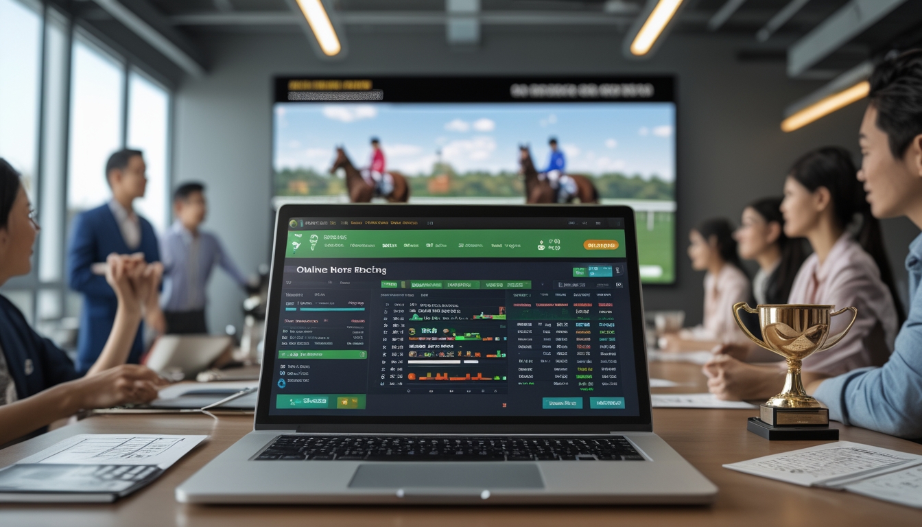 Orang-orang di ruang kerja modern sedang menonton dan mendiskusikan balap kuda online dengan layar komputer dan layar besar menampilkan perlombaan kuda.