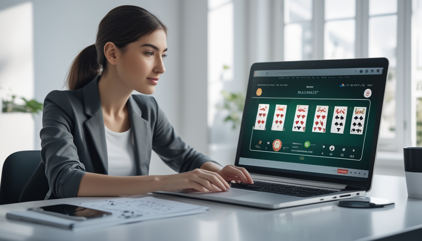 Seorang wanita muda duduk di meja dengan laptop, fokus bermain blackjack online di ruangan terang dan rapi.