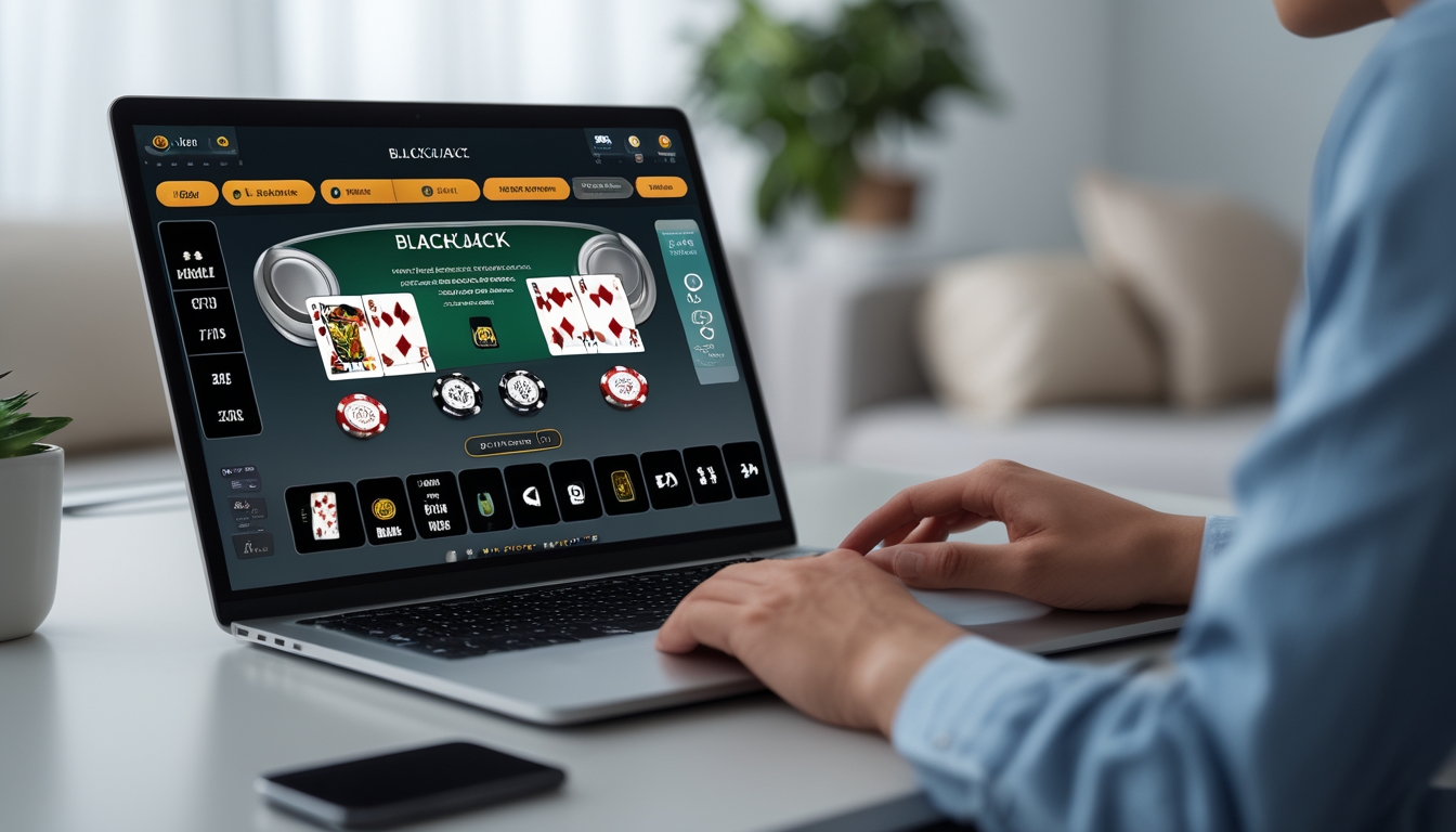 Seseorang menggunakan laptop dengan permainan blackjack online terbuka di layar, di atas meja bersih dalam ruangan yang nyaman.