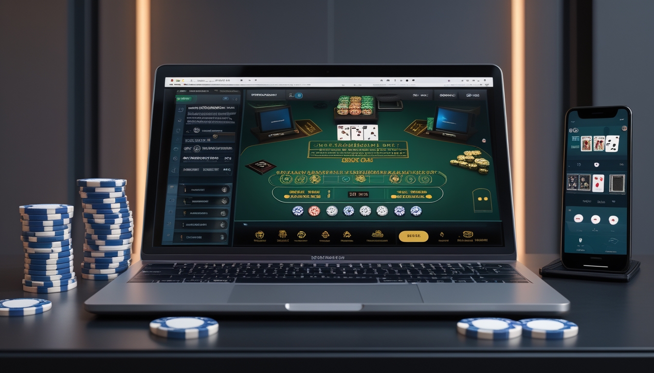 Sebuah laptop menampilkan permainan blackjack online dengan tumpukan chip poker dan ponsel di sekitarnya dalam suasana yang modern dan terpercaya.
