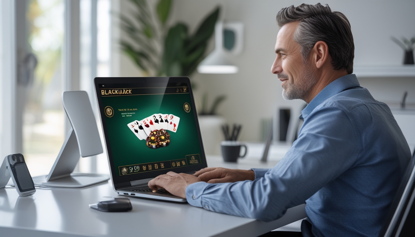 Seorang pria dewasa duduk di meja dengan laptop yang menampilkan permainan blackjack online, menunjukkan suasana aman dan terpercaya.