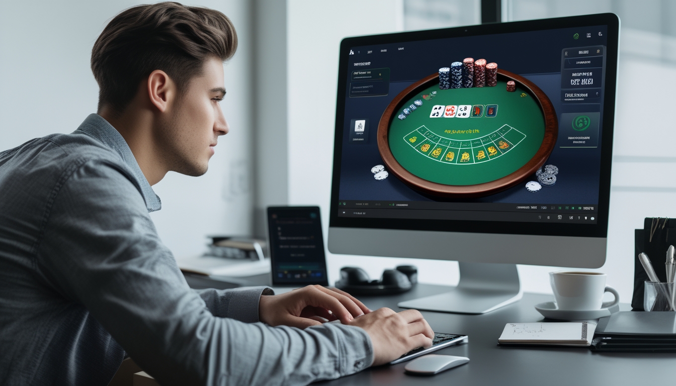 Seorang pria muda duduk di depan komputer dengan tampilan meja blackjack online, fokus bermain tanpa risiko kehilangan uang.