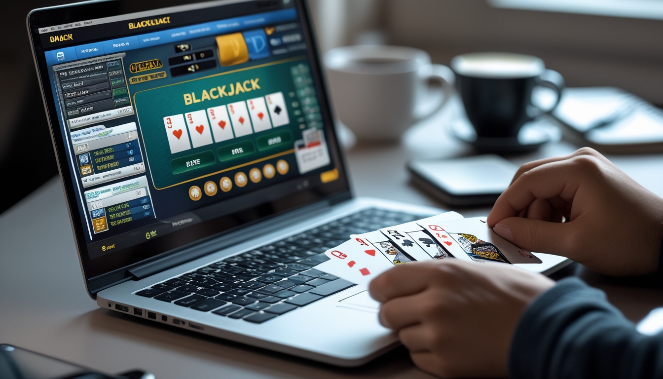 Seseorang bermain blackjack online menggunakan laptop di meja dengan kartu dan chip terlihat di layar.