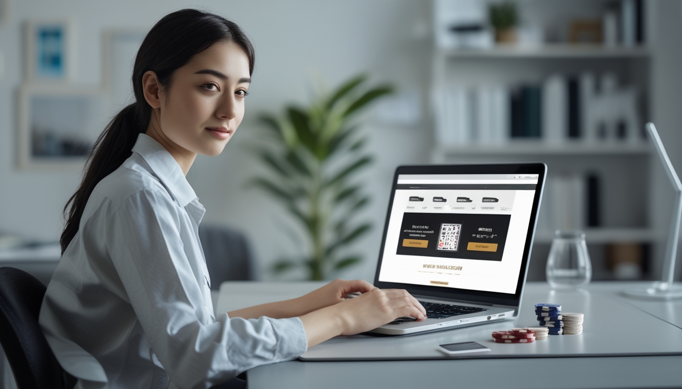 Seorang wanita muda duduk di meja modern bermain blackjack online menggunakan laptop di ruang kerja rumah yang nyaman.