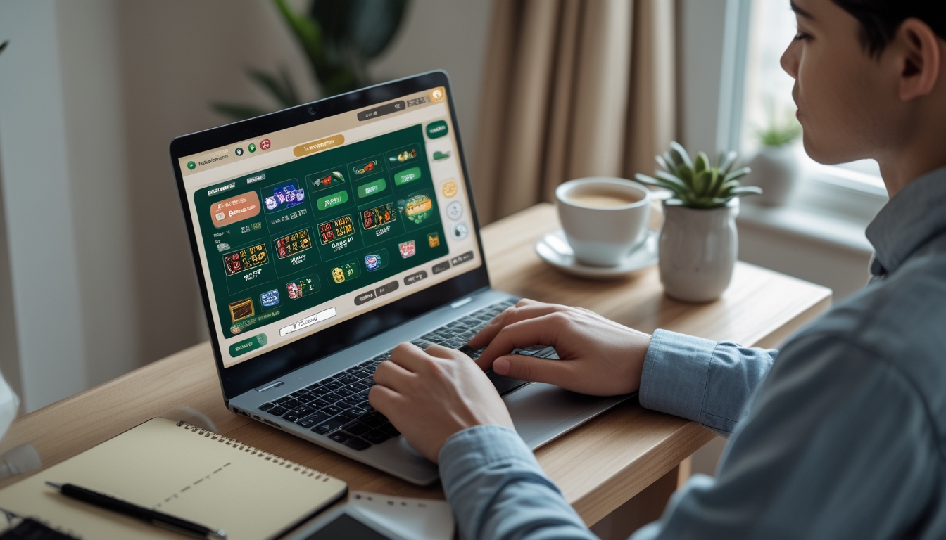 Seorang pemula bermain blackjack online di laptop di rumah dengan suasana nyaman dan pencahayaan alami.