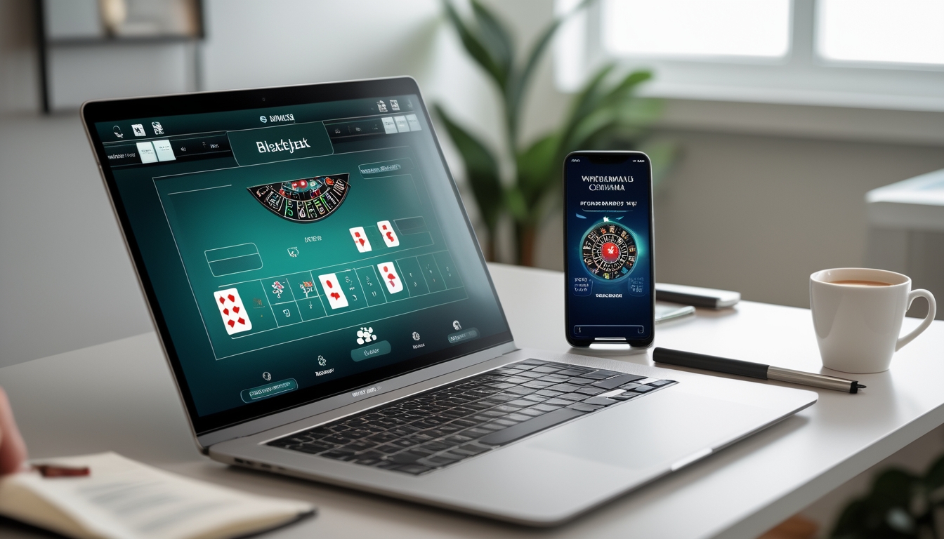 Seorang pengguna sedang bermain blackjack online di laptop dengan ponsel di samping yang menampilkan konfirmasi penarikan cepat.