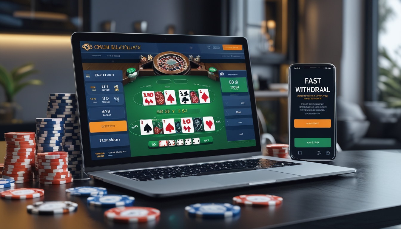 Sebuah laptop menampilkan permainan blackjack online dengan kartu dan chip di sekitarnya serta ponsel yang menunjukkan konfirmasi penarikan cepat.