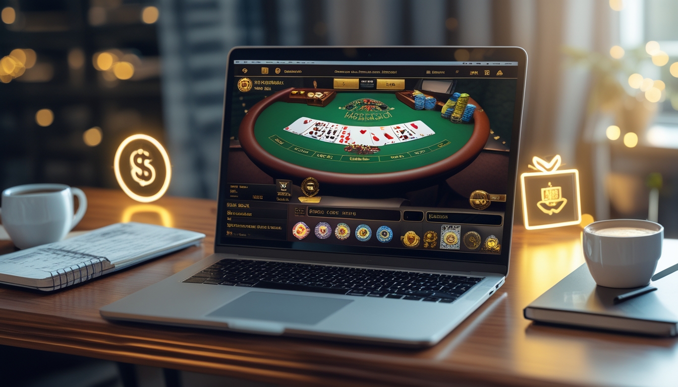 Sebuah laptop dengan tampilan meja blackjack online dan chip di atas meja kayu di ruang kerja rumah yang nyaman.