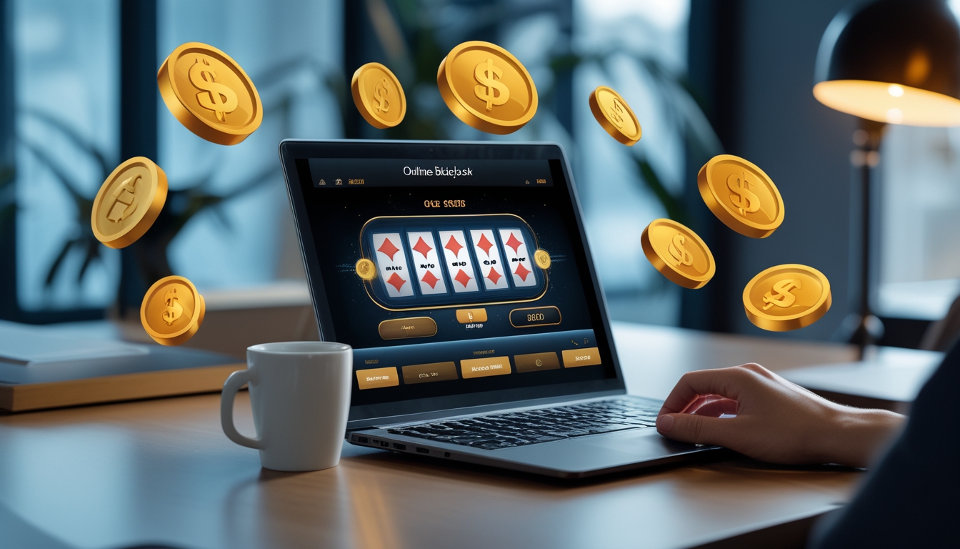 Seorang pengguna bermain blackjack online di laptop dengan latar meja kayu dan cangkir kopi di sampingnya.