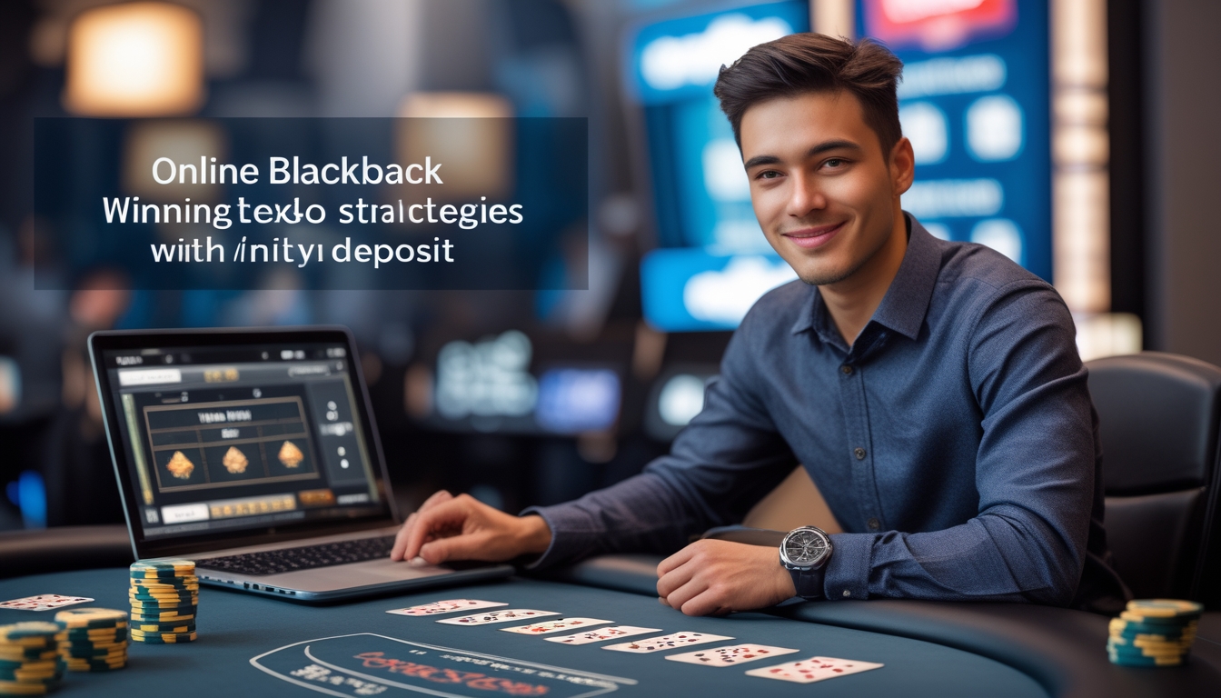Seorang pria muda duduk di meja blackjack dengan kartu dan chip, di depan laptop yang menampilkan permainan blackjack online.