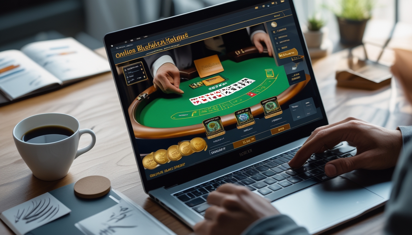 Seseorang bermain blackjack online di depan layar komputer dengan kartu dan chip terlihat jelas, suasana fokus dan percaya diri.