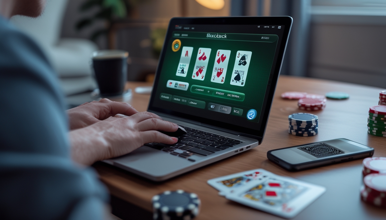 Seseorang bermain blackjack online di laptop dengan kartu dan chip di meja dalam suasana rumah yang nyaman.