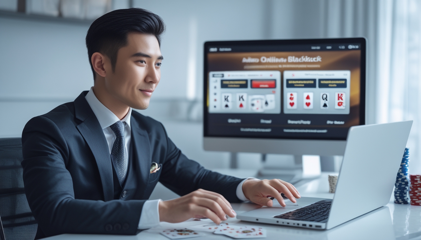 Seorang pria Asia Tenggara duduk di meja dengan laptop, fokus melihat situs blackjack online yang aman dan terpercaya di ruang kerja yang rapi.