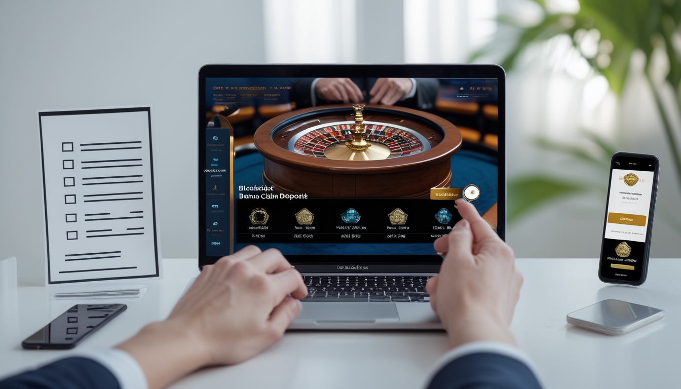 Seseorang menggunakan laptop untuk bermain blackjack online dengan suasana yang nyaman dan rapi di meja kerja.
