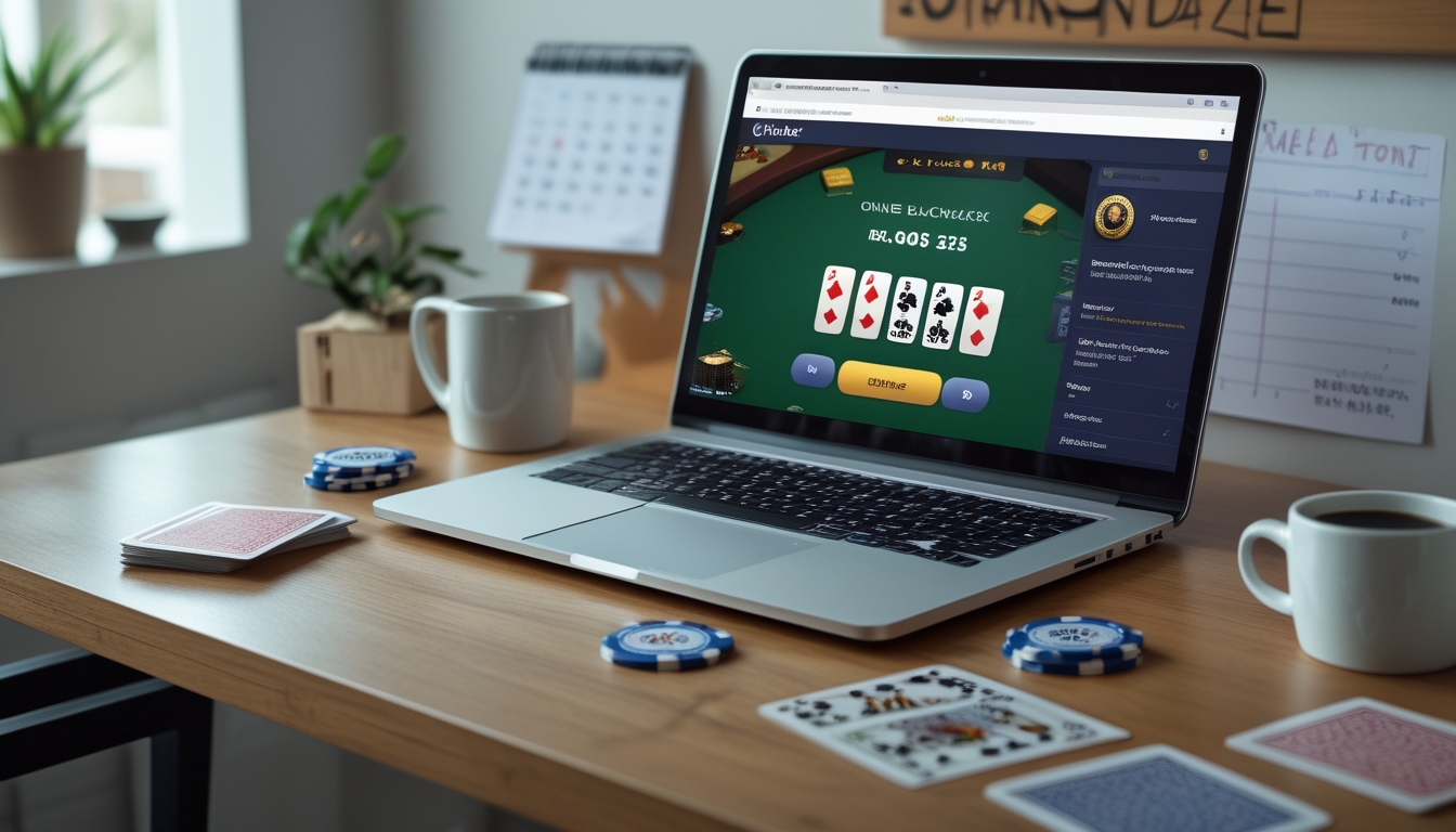Sebuah meja kerja dengan laptop yang menampilkan permainan blackjack online, ponsel dengan notifikasi bonus, tumpukan chip poker, kartu remi, dan cangkir kopi.