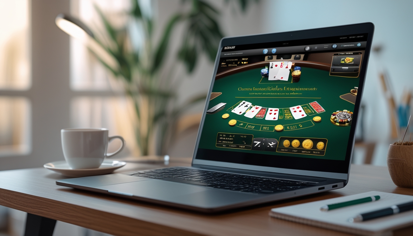 Sebuah laptop dan smartphone di atas meja kayu menampilkan permainan blackjack online dengan kartu dan chip, dikelilingi oleh suasana kerja yang rapi dengan secangkir kopi dan alat tulis.