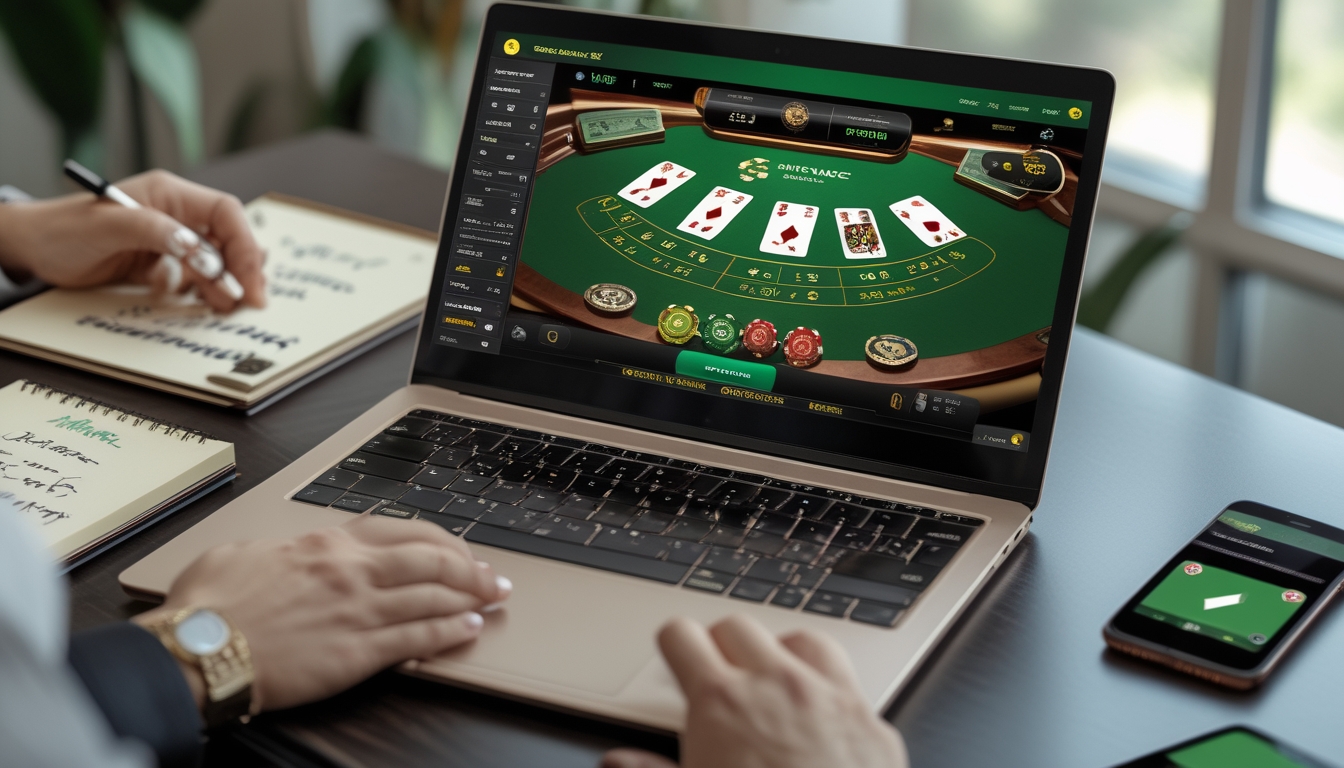 Sebuah laptop menampilkan permainan blackjack online dengan kartu dan chip, di meja kerja yang rapi dengan catatan dan ponsel di sekitarnya.