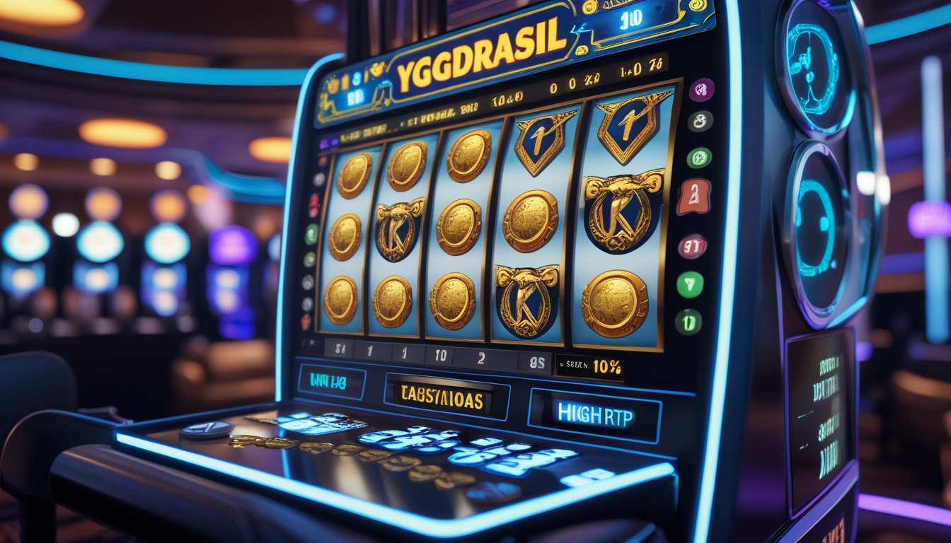 Mesin slot digital modern dengan simbol Norse dan koin emas di latar kasino yang futuristik.