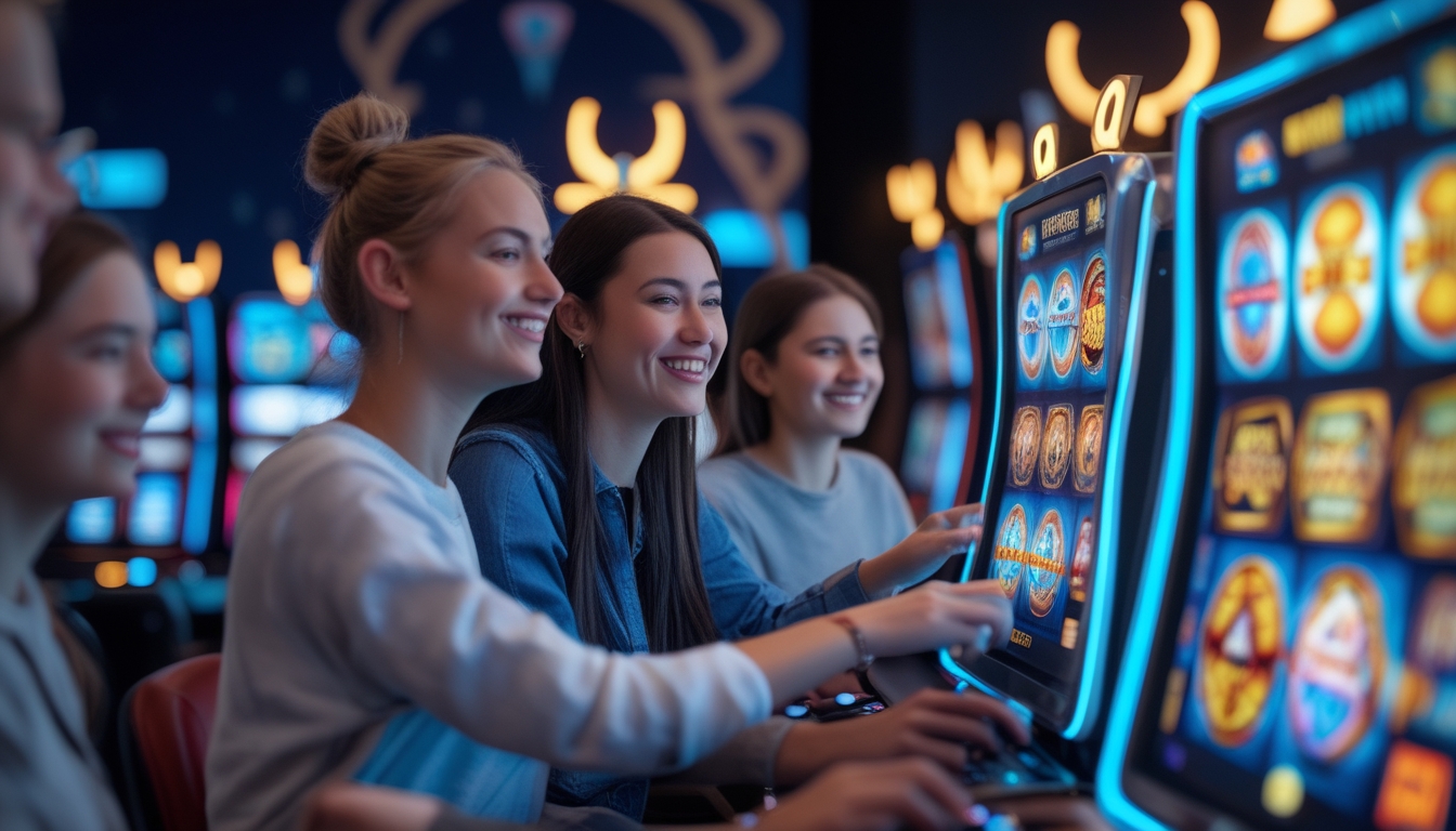 Sejumlah orang pemula sedang bermain mesin slot digital di ruang permainan yang terang dan modern dengan tema mitologi Norse.