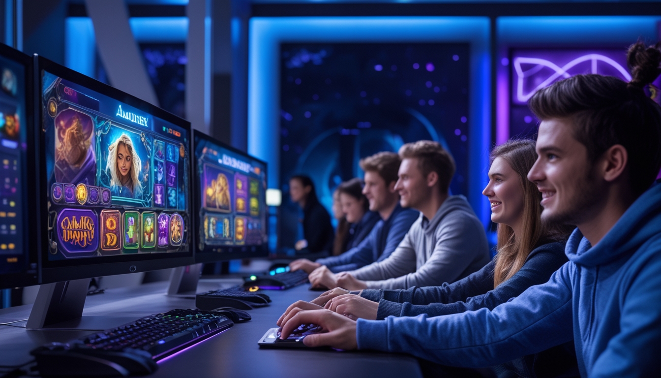 Sejumlah orang muda bermain game slot di ruangan modern dengan layar komputer menampilkan permainan slot berwarna-warni.