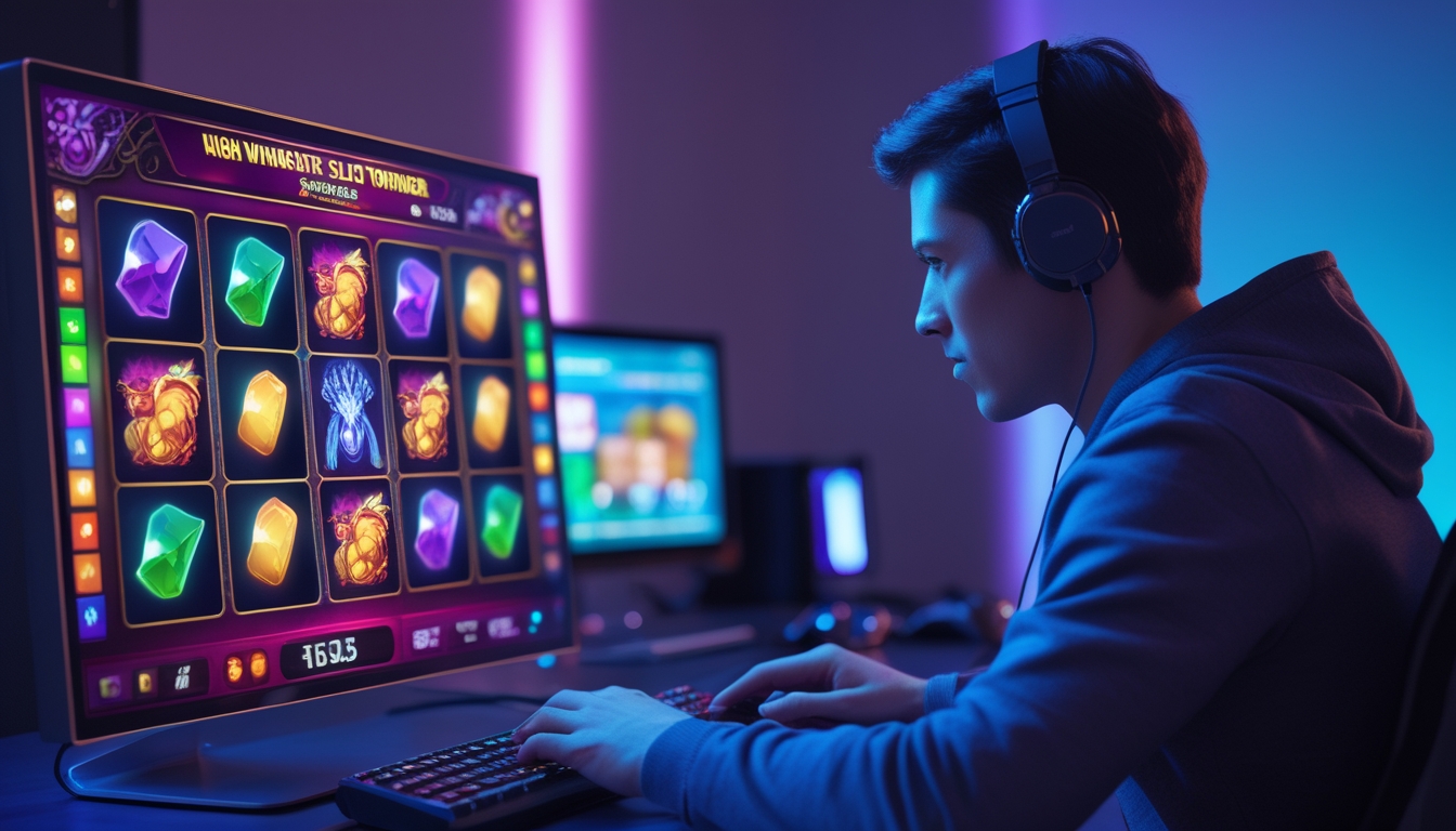 Seorang pria muda sedang bermain mesin slot online di depan layar komputer dengan suasana ruangan yang nyaman dan pencahayaan lembut.