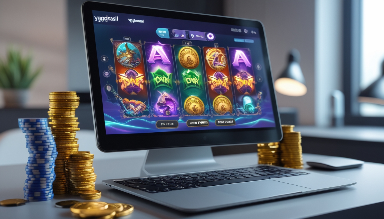 Sebuah meja kerja modern dengan komputer menampilkan permainan slot online bertema mitologi Norse, dikelilingi tumpukan koin dan chip kasino.
