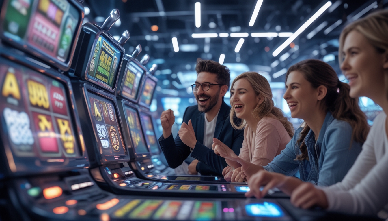 Beberapa orang bermain mesin slot di kasino digital dengan suasana ceria dan penuh semangat.