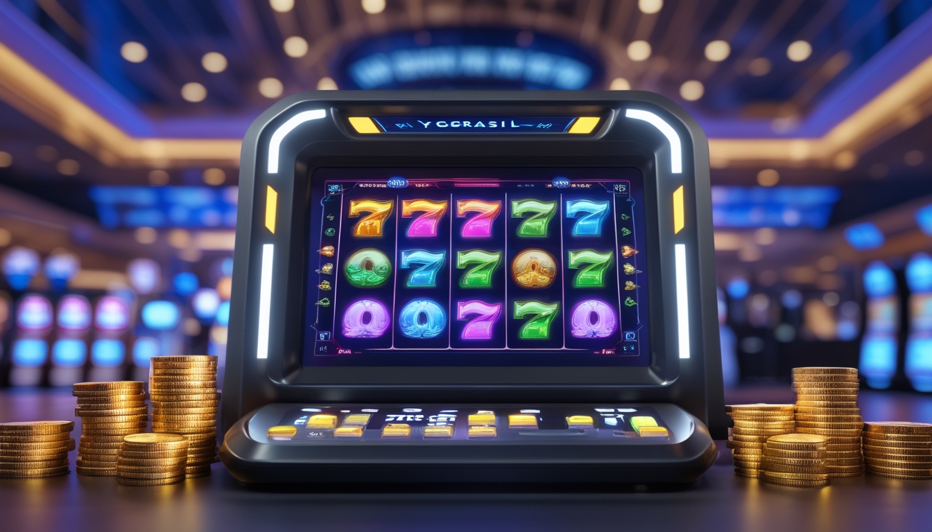 Mesin slot modern dengan layar digital berwarna cerah dan koin serta tumpukan uang di sekitarnya di dalam suasana kasino yang ramai.