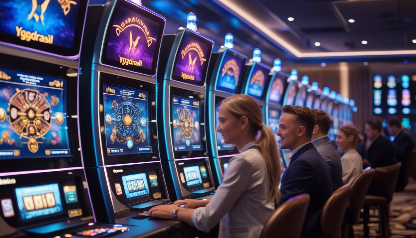 Orang-orang bermain mesin slot di kasino dengan mesin slot modern dan layar berwarna-warni.