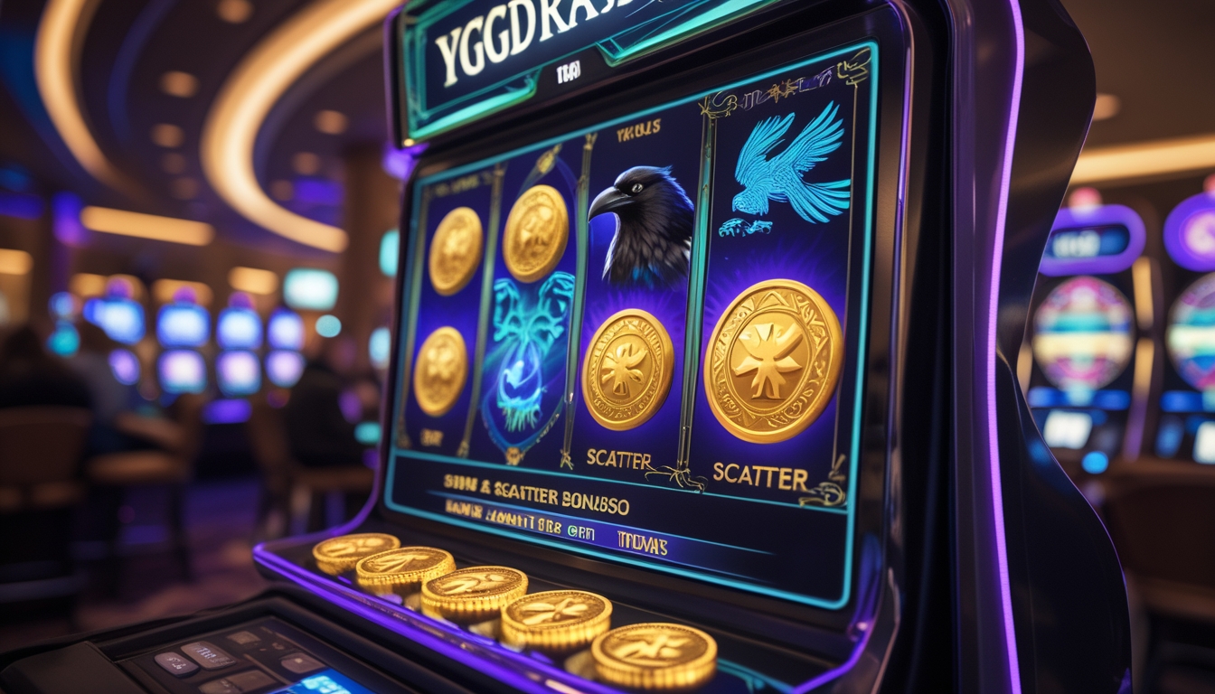 Mesin slot bertema mitologi Norse dengan simbol koin emas dan makhluk mitos, di latar belakang kasino yang ramai.