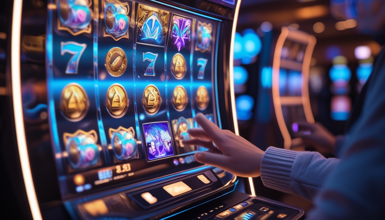 Mesin slot modern dengan simbol koin emas dan rune mistis yang menyala, dikelilingi oleh cahaya berwarna biru dan emas di latar belakang kasino.