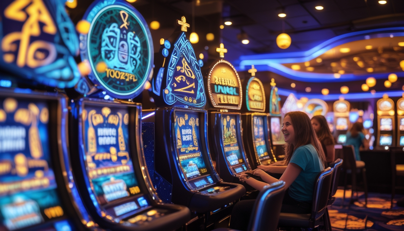 Area mesin slot kasino dengan tema mitologi Norse, menampilkan mesin slot modern yang berwarna-warni dan pemain yang sedang bermain dengan antusias.