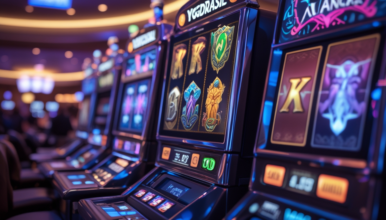 Mesin slot Yggdrasil berwarna cerah dengan simbol mitologi Norse di kasino yang ramai dan penuh cahaya.