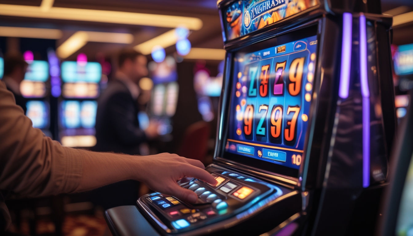 Seorang pemain sedang menekan tombol spin pada mesin slot modern dengan latar belakang kasino yang ramai dan lampu berwarna-warni.
