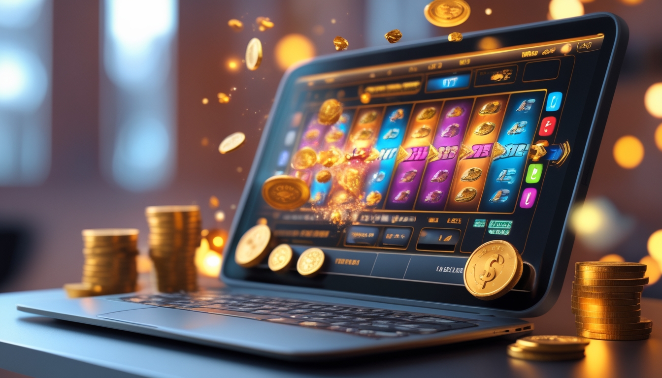 Layar komputer menampilkan mesin slot digital dengan simbol berwarna-warni dan koin emas di sekitarnya.