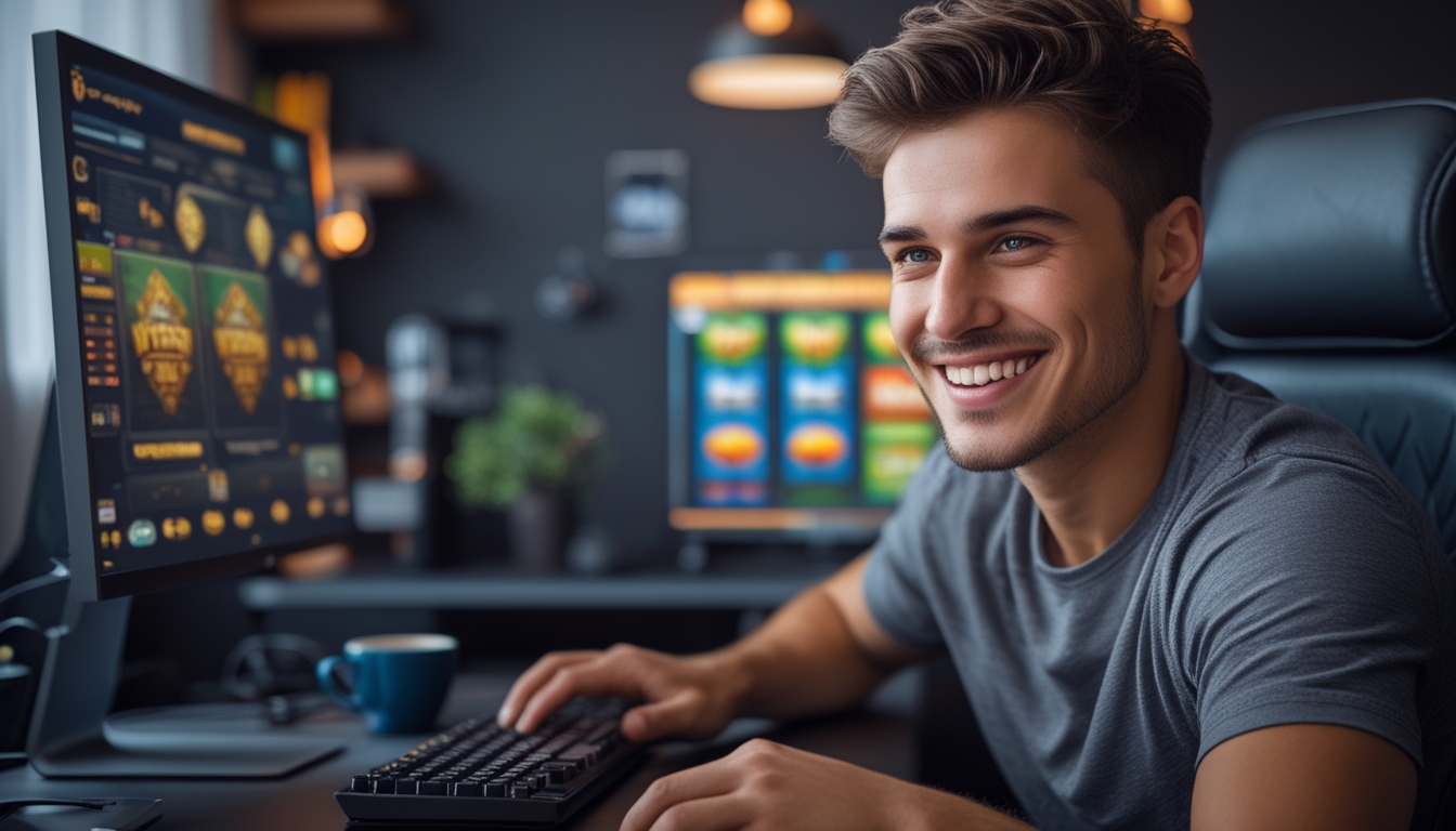 Seorang pria muda sedang bermain permainan slot online di komputer dengan ekspresi fokus dan senang di sebuah ruangan yang nyaman.