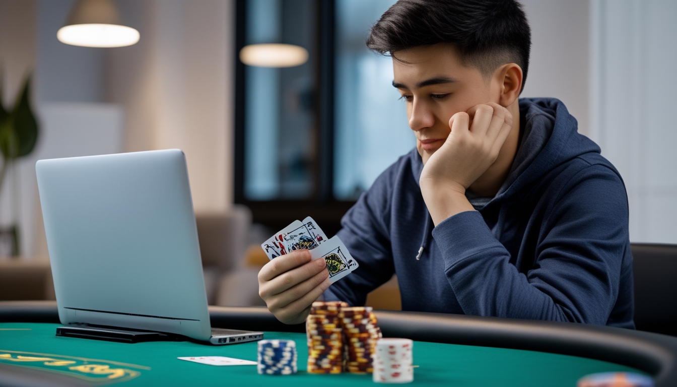 Seorang pemain poker pemula duduk di meja poker dengan tumpukan chip kecil, fokus melihat kartu di tangan, dengan laptop di sampingnya.