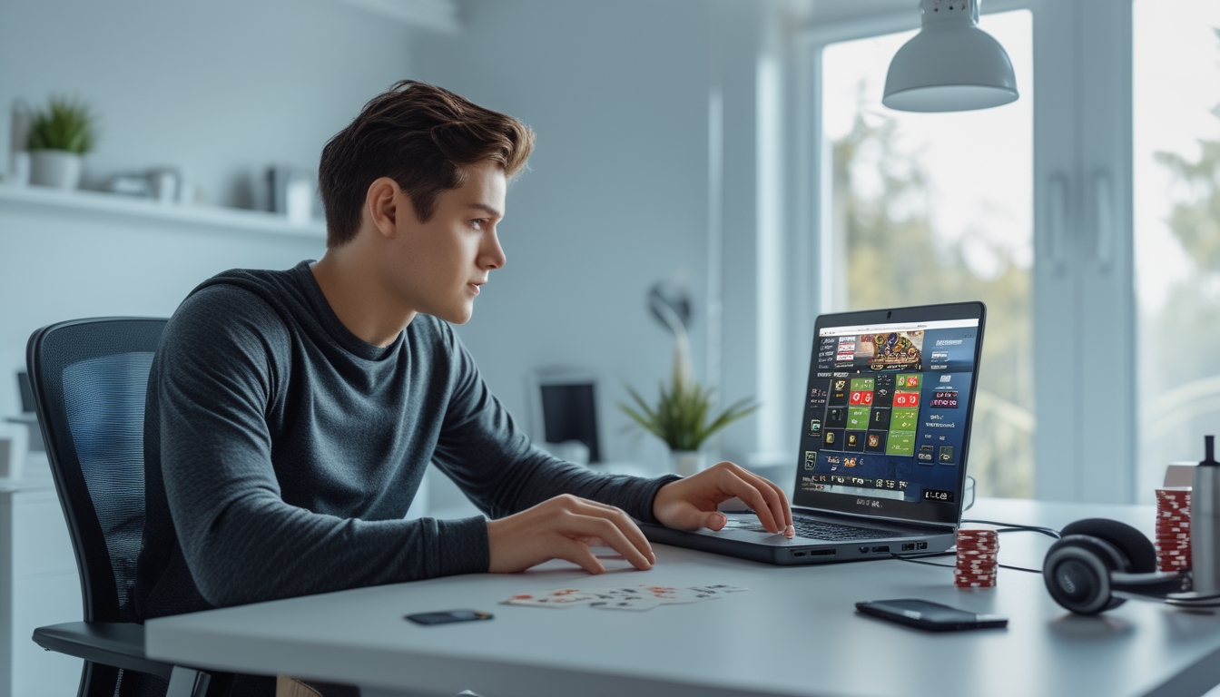 Seorang pria muda duduk di meja dengan laptop dan kartu poker, fokus bermain poker online di ruang kerja yang terang.