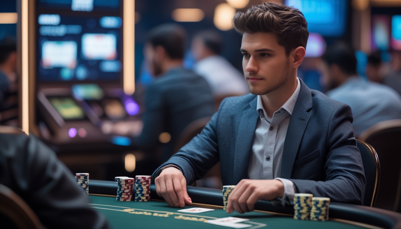 Seorang pria muda duduk di meja poker dengan ekspresi fokus dan tenang, dikelilingi oleh tumpukan chip poker di kasino modern.
