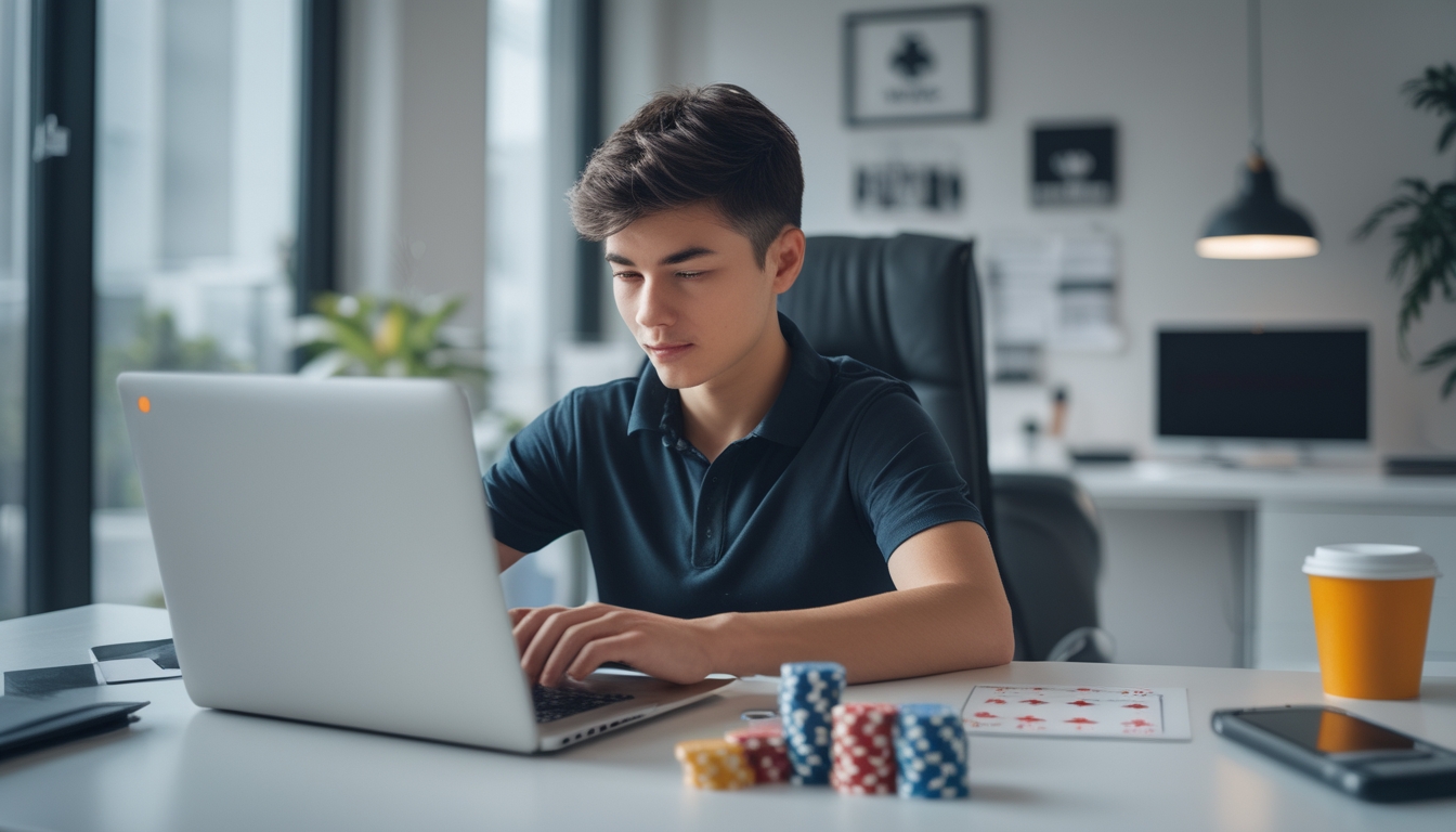 Seorang dewasa muda fokus bermain poker online di depan laptop di ruang kerja modern dengan chip dan kartu poker di meja.
